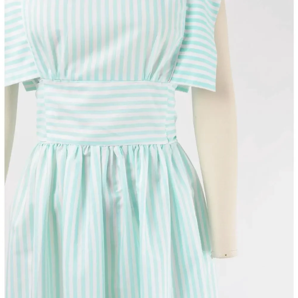 Vintage 80s Pastel Striped Dress Aqua White Cotton Blend Midi Sundress Bow S